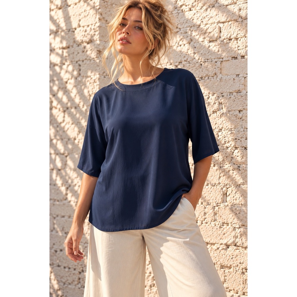 Vintage Liz Baker Navy Blue 100% Silk Short Sleeve Keyhole Blouse Minimalist 1X